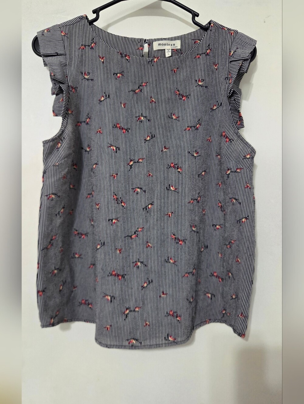 Monteau Los Angeles Women’s Striped Floral Ruffle Blouse – Size Large